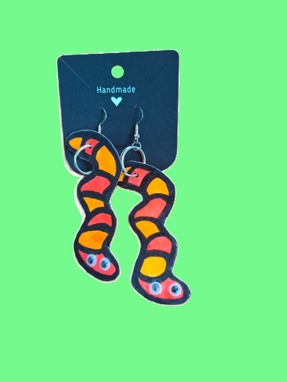Handmade Blacklight Worm Earrings with Googly Eyes